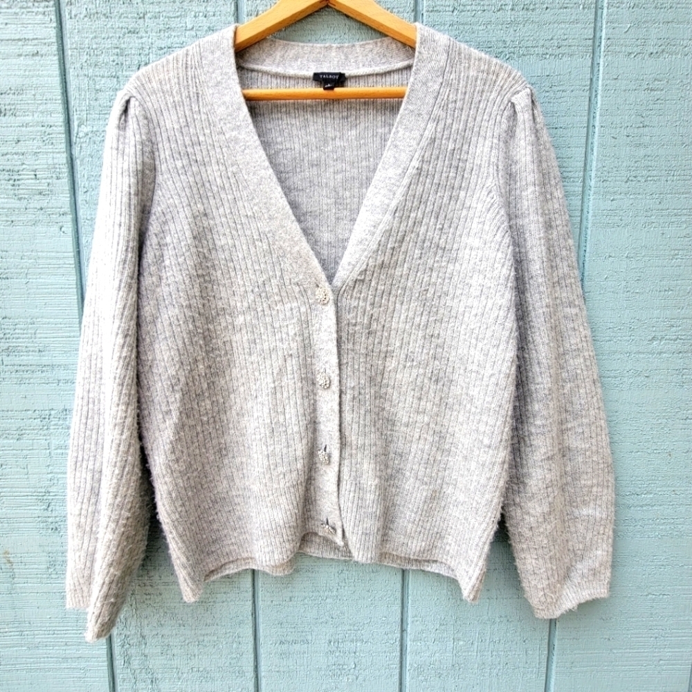 Talbots Ribbed Knit Metallic Rhinestone Button Cardigan size L Silver Gray